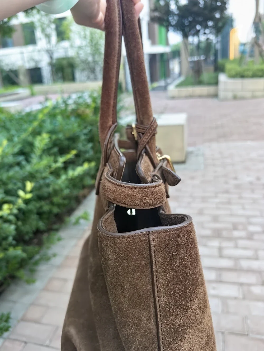 CELINE Conti Suede Leather Satchel Brown bag